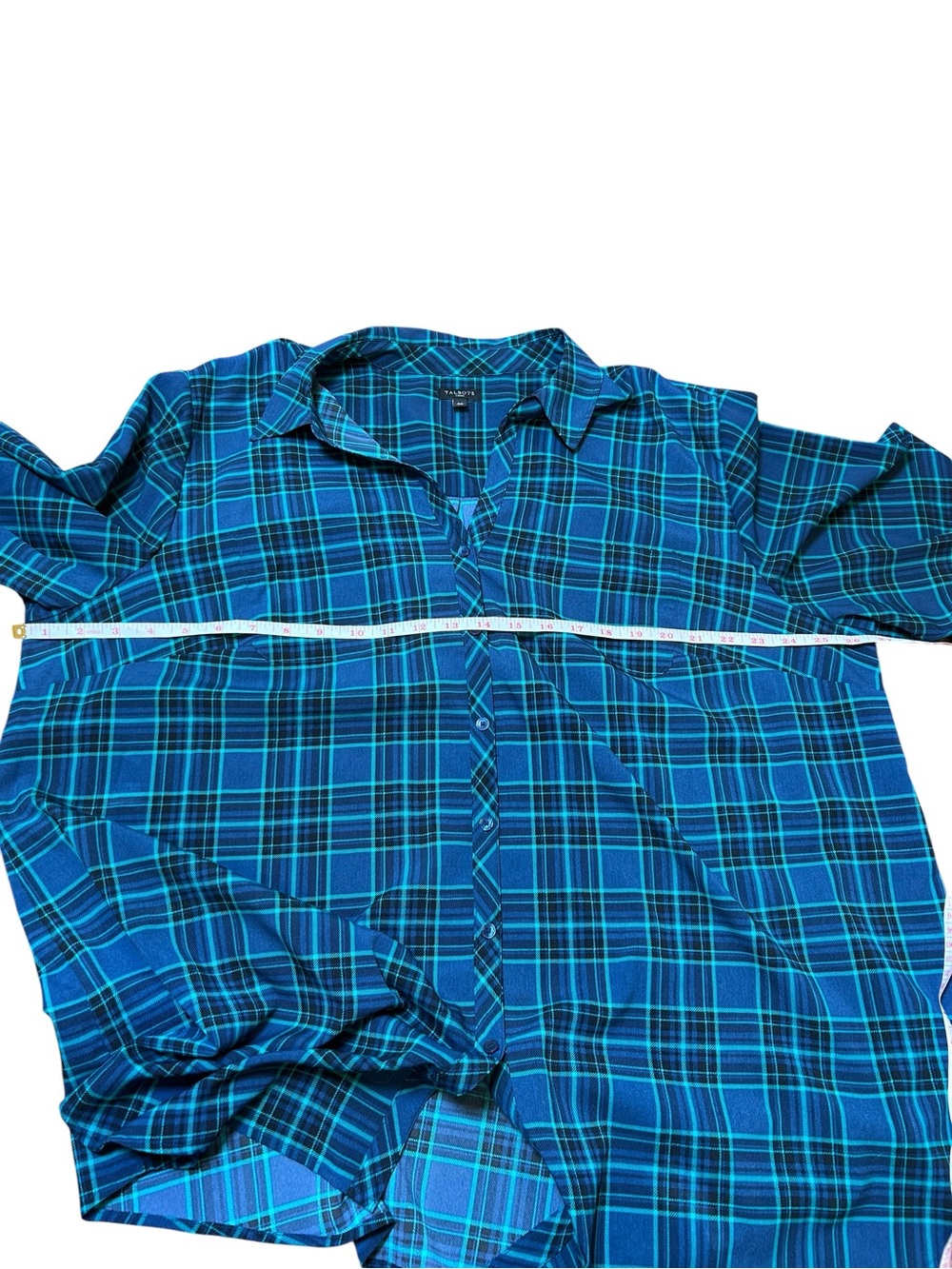 Talbots blue plaid long roll tab sleeve button top size 3X lightweight collared - Picture 10 of 10